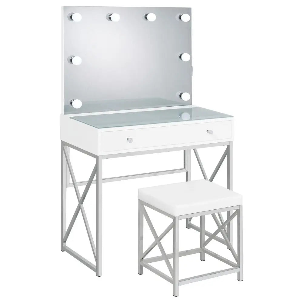 Home Furnishings Eliza Contemporary 3Piece 1Drawer Makeup Vanity Desk for Bedroom with Hollywood Vanity Mirror with White Faux