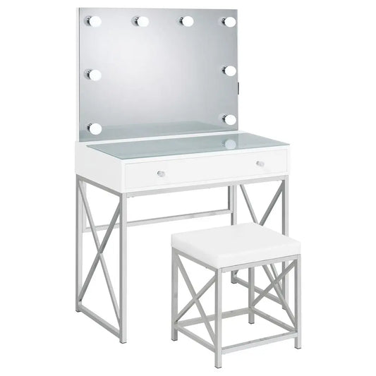 Home Furnishings Eliza Contemporary 3Piece 1Drawer Makeup Vanity Desk for Bedroom with Hollywood Vanity Mirror with White Faux