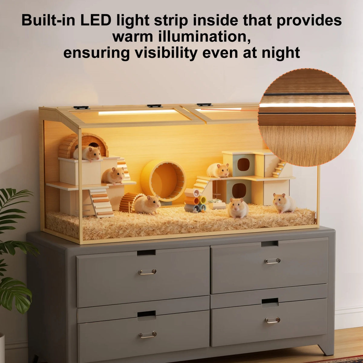 Natural Wooden Hamster Cage Habitat Dual Access Door Built-in Light Animal Cabinet Tabletop Hamsters Habitat for Small Pets