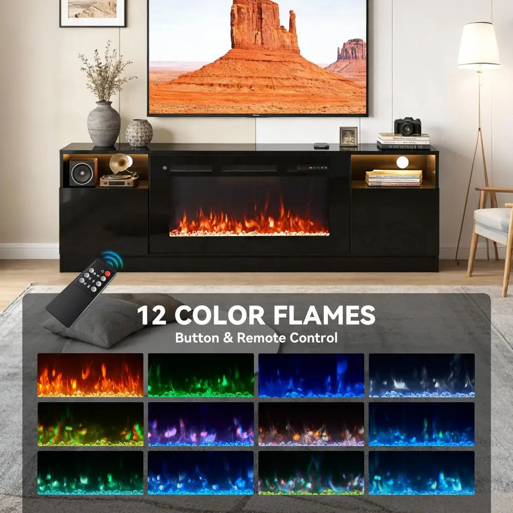 Fireplace TV Stand with 36 Electric Fireplace, LED Light Entertainment Center for TVs Up to 80, HighGloss Door, Modern TV Conso