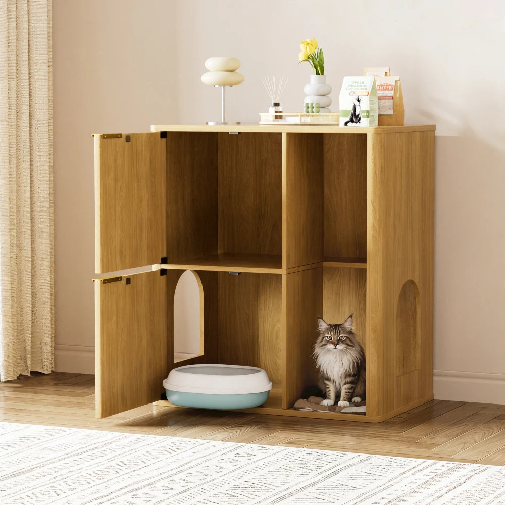 Light Wood Cat Litter Cabinet Cat Tree Grooved Concealed Litter Featuring Dual Cat Doors Storage Shelves Versatile Pet Cabinet