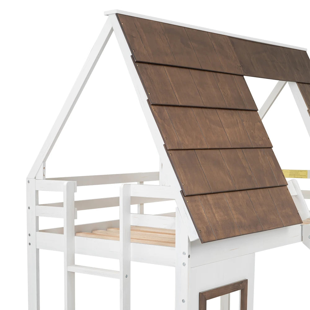 Wooden House Bunk Bed With Roof Ladder And Slide