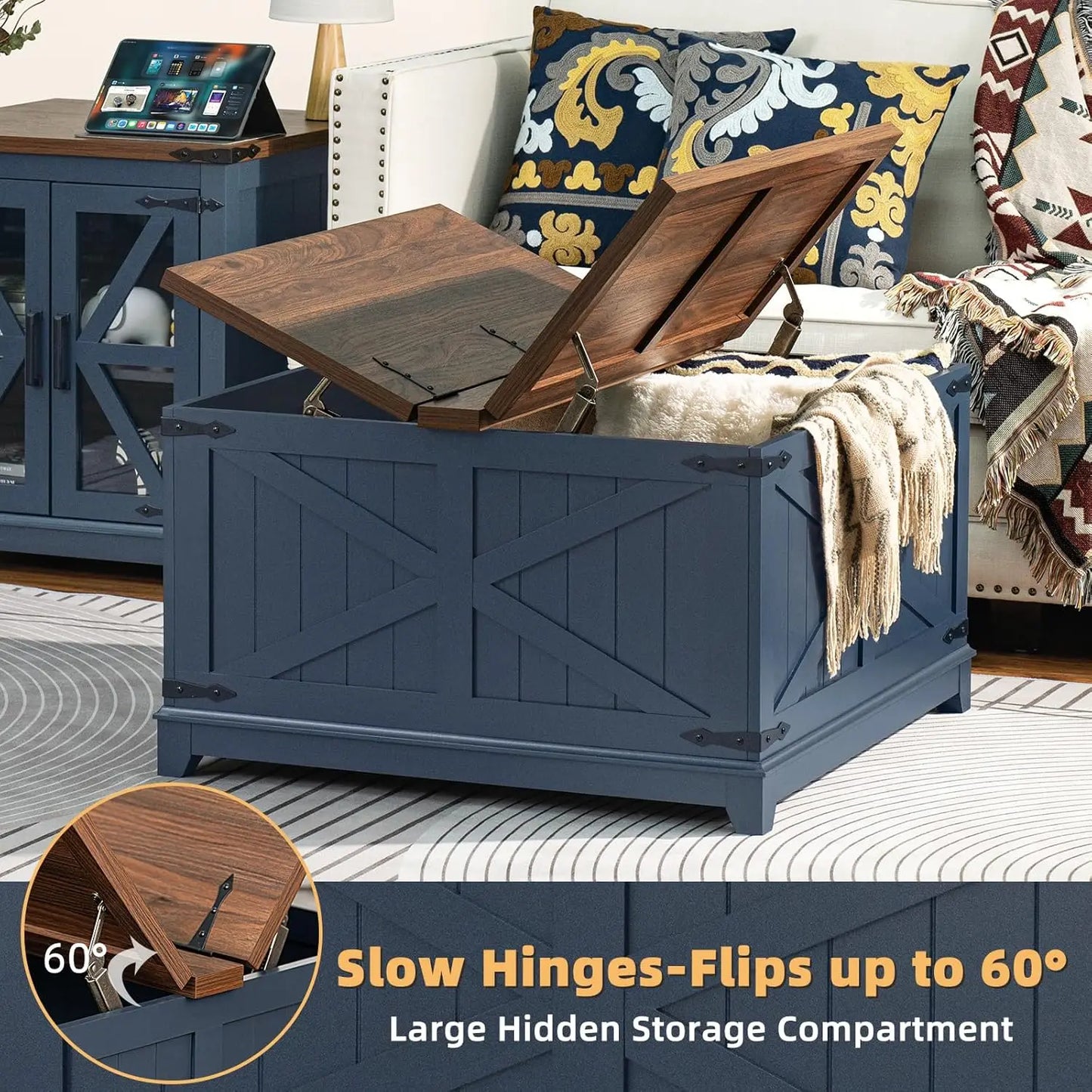 Farmhouse Wood Coffee Table Set With Glass Barn Door Furniture