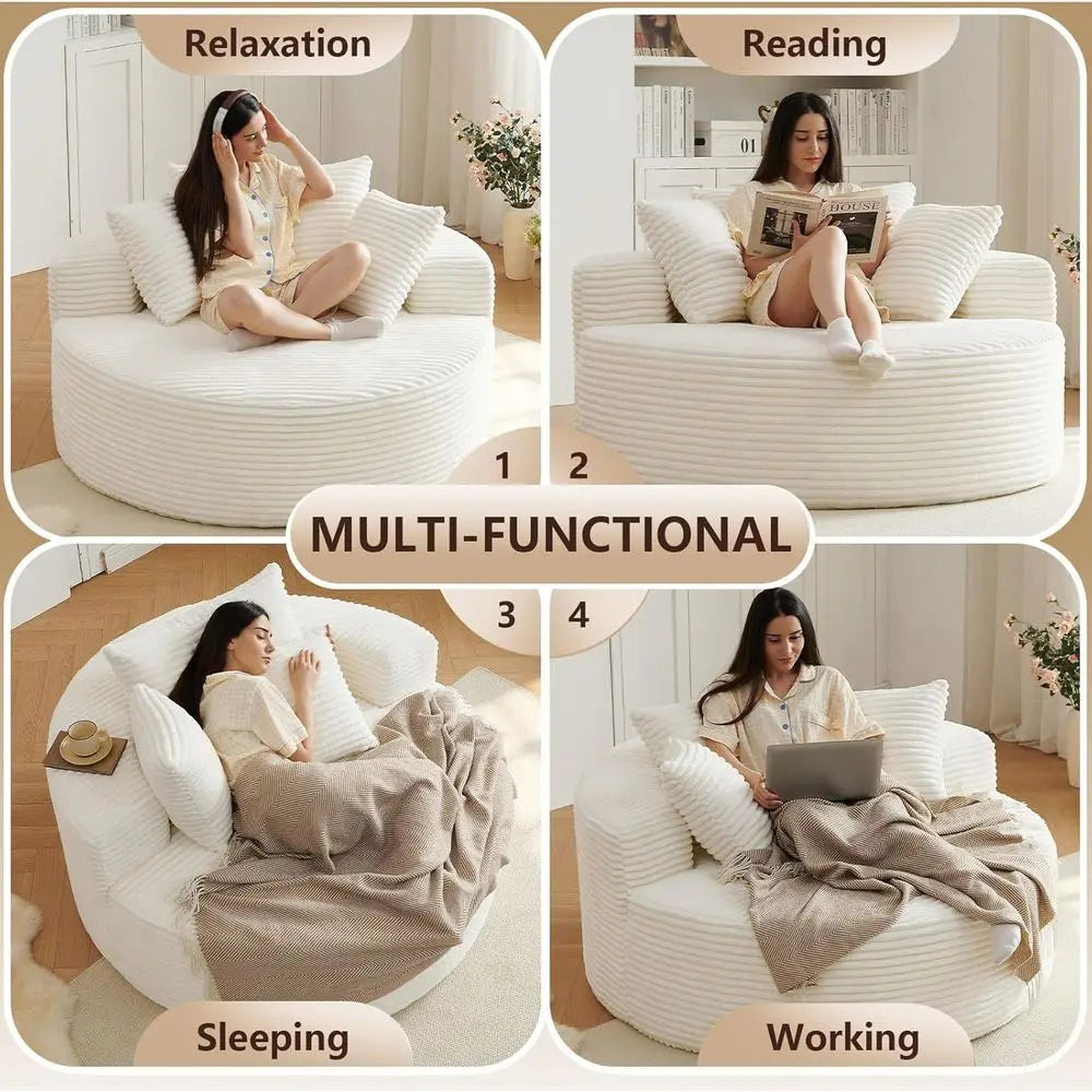 Oversized Round Corduroy Lounge Chair With Deep Cloud Seat