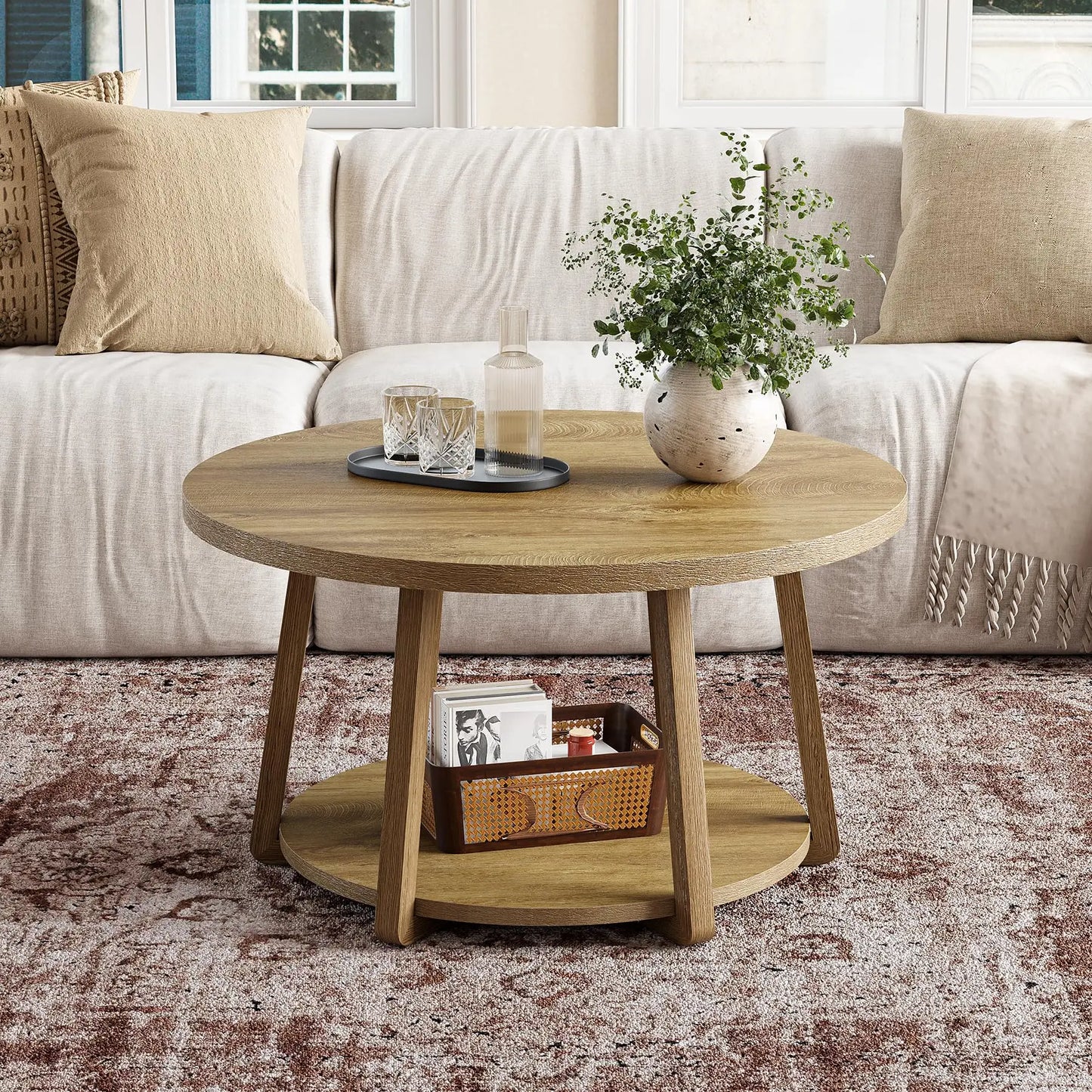 Tribesigns Round Coffee Table, 2-Tier Center Table with Storage, Wooden Legs, for Living Room, Bedroom, Easy Assembly