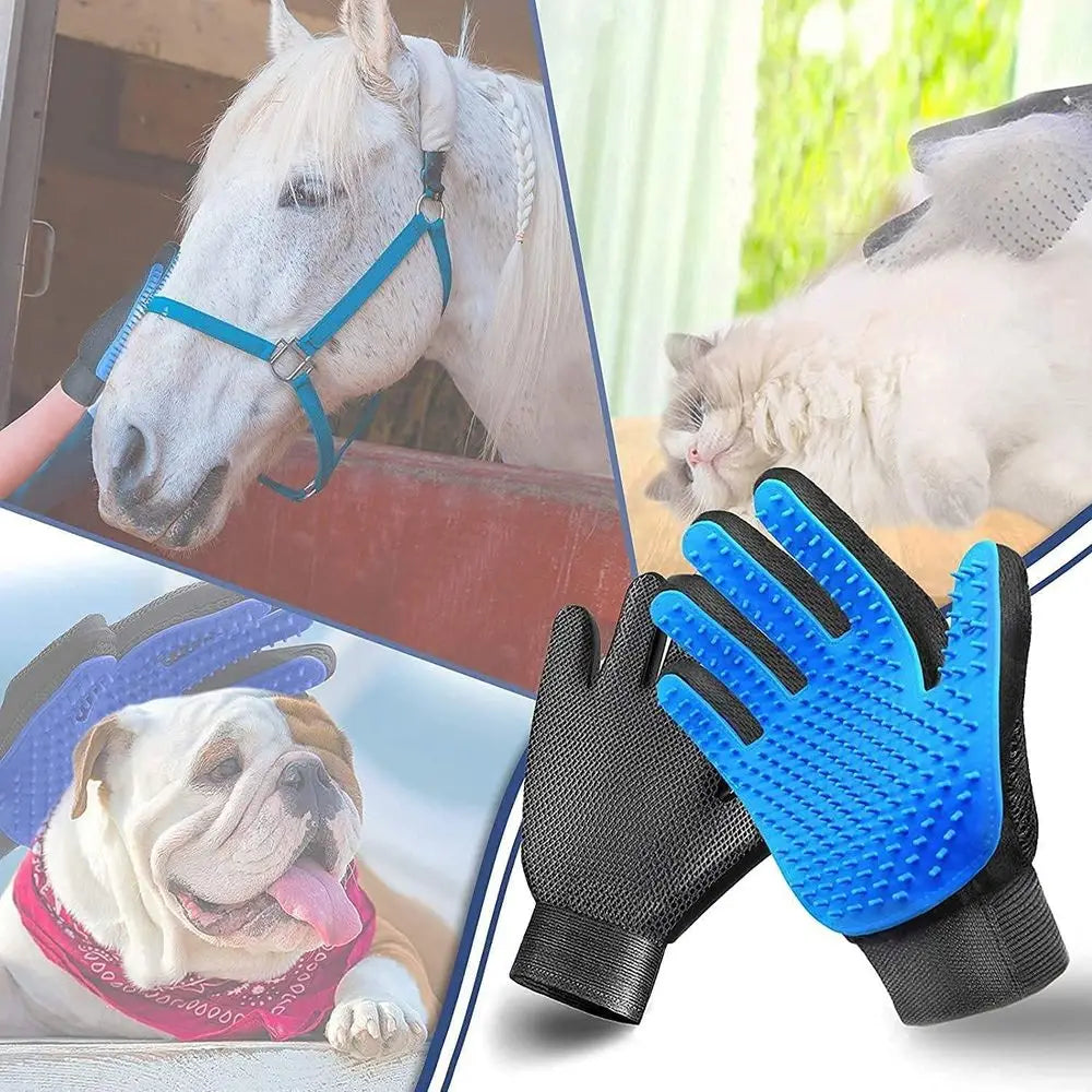 Pet Grooming Glove Hair Remover Brush Gentle Deshedding Efficient Pet Mitt Pet Massage Gloves Left & Right Hand (Blue)