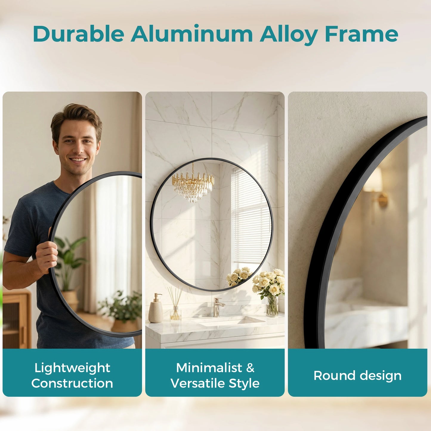 JHK Round Wall Mirror Tempered Glass Waterproof Decorative Room Accent