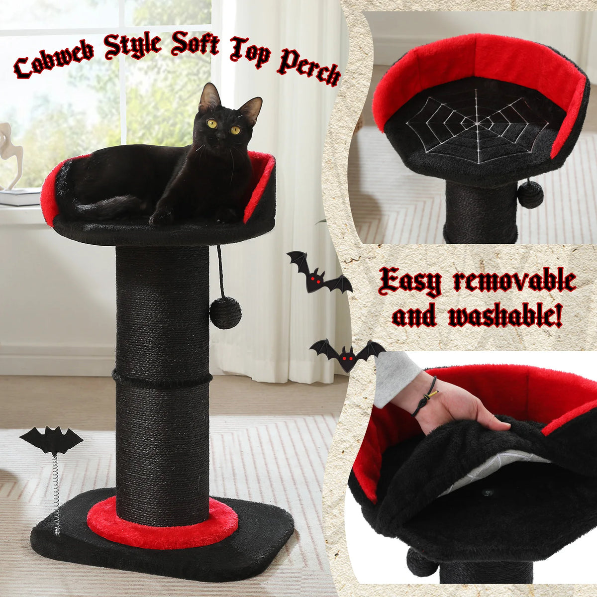 Large Cat Scratching Post for Indoor Gothic Cat Tree Tall Cat Scratcher with Thick Scratching Post Removable Cat Bed Spring Ball