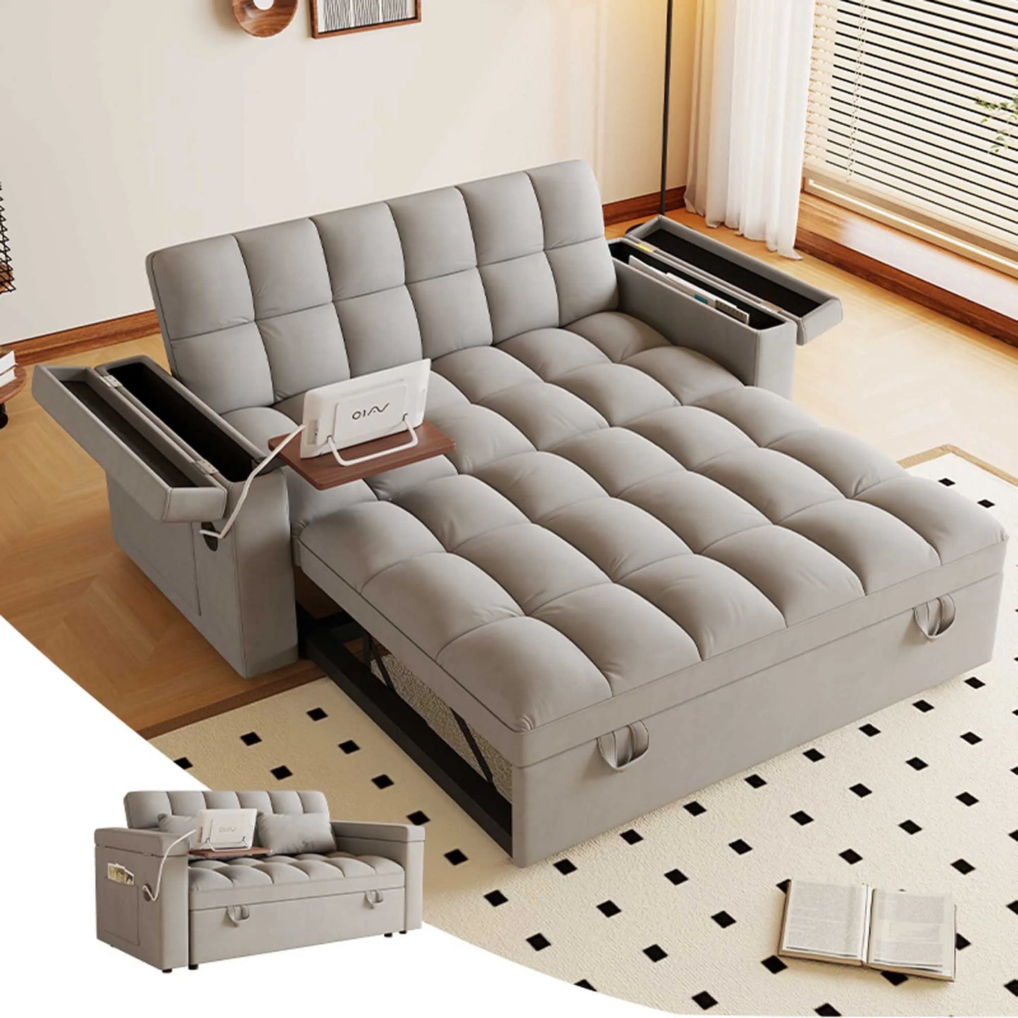 Adjustable Foldable Sofa Bed With USB Port And Storage Armrests