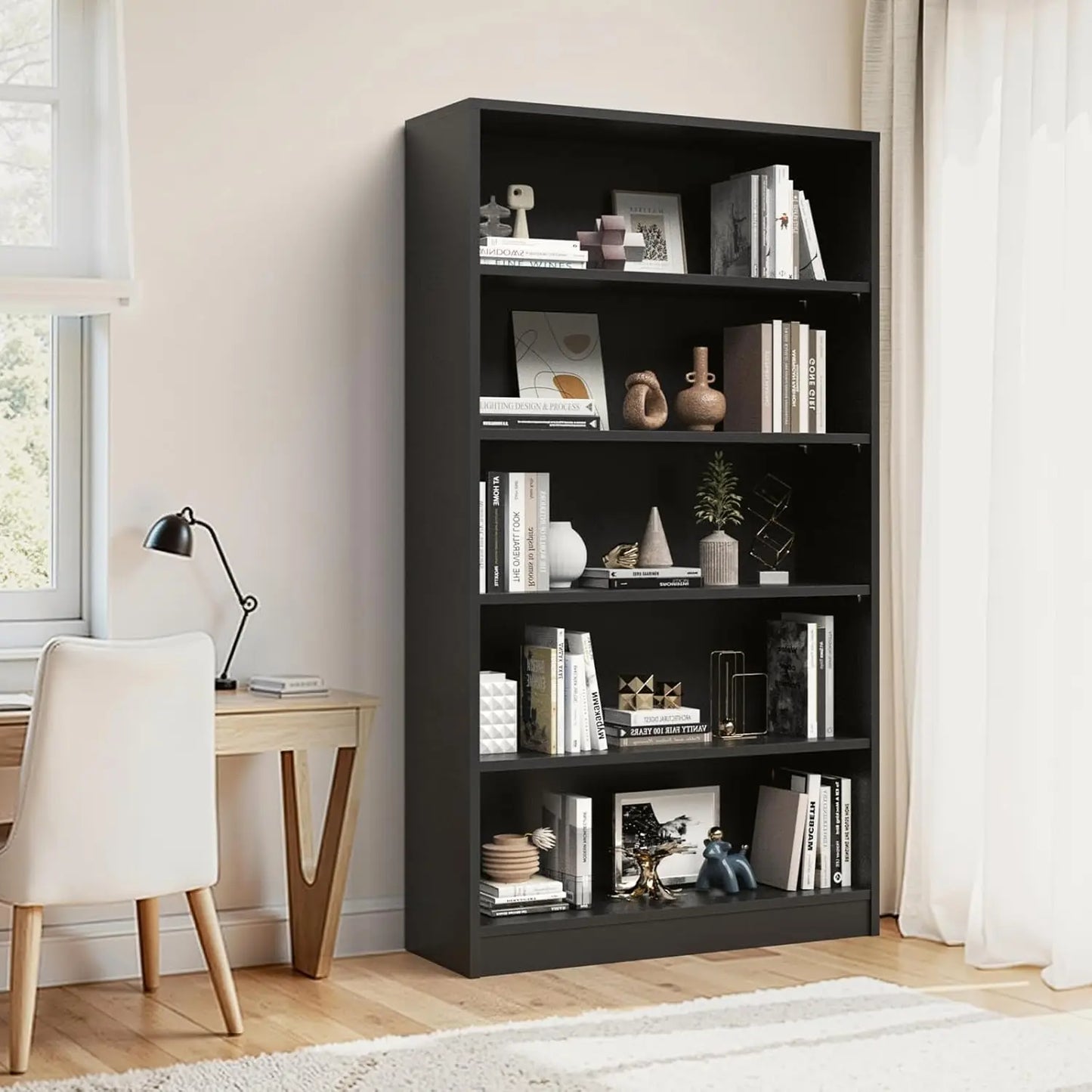 Engineered Wood Five Shelf Bookcase Featuring Adjustable Storage Organizer