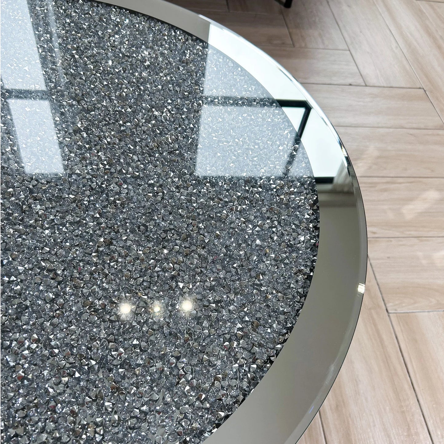 Modern Round Mirrored Coffee Table With Crystal Inlay And Glass