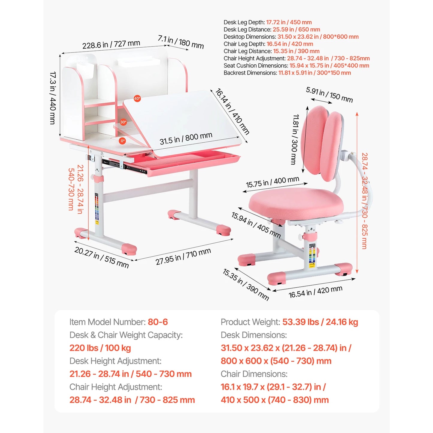 SucceBuy Adjustable Kids Study Desk and Chair Set Tilt Top