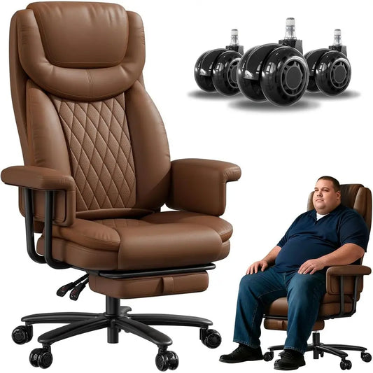 Premium Heavy-Duty Big and Tall Office Chair, 165° Recline, Footrest, Quiet Wheels, Adjustable Height, Brown
