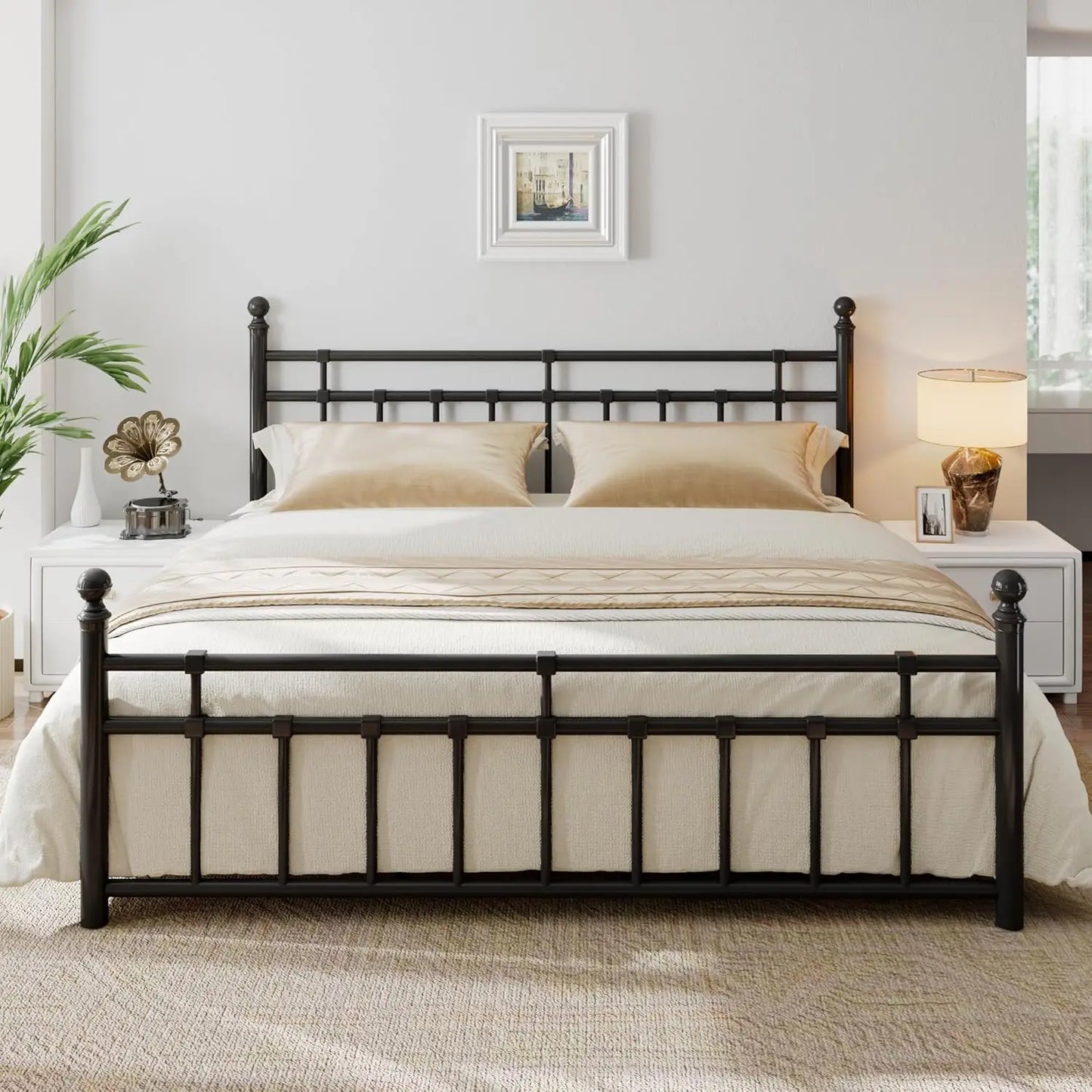 Vintage Metal King Bed Frame with Headboard & Footboard, Farmhouse Style, Storage, No Box Spring, Noise-Free, Customized