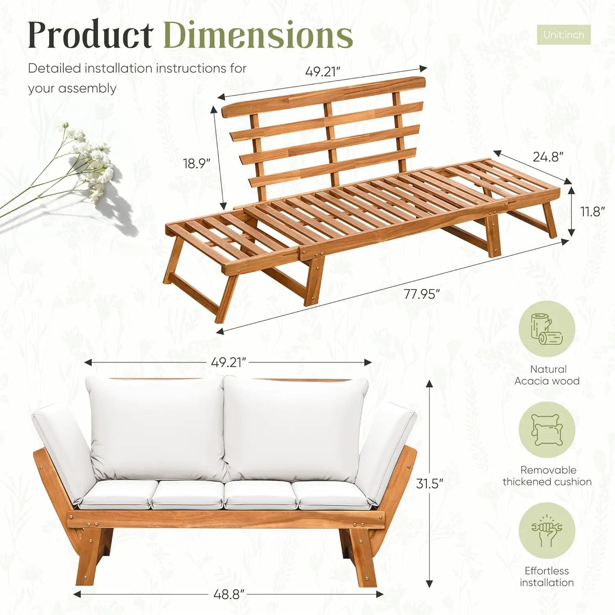 Adjustable Armrest Acacia Wood Outdoor Loveseat Soft Cushion Convertible Balcony Porch Backyard Furniture White Customized