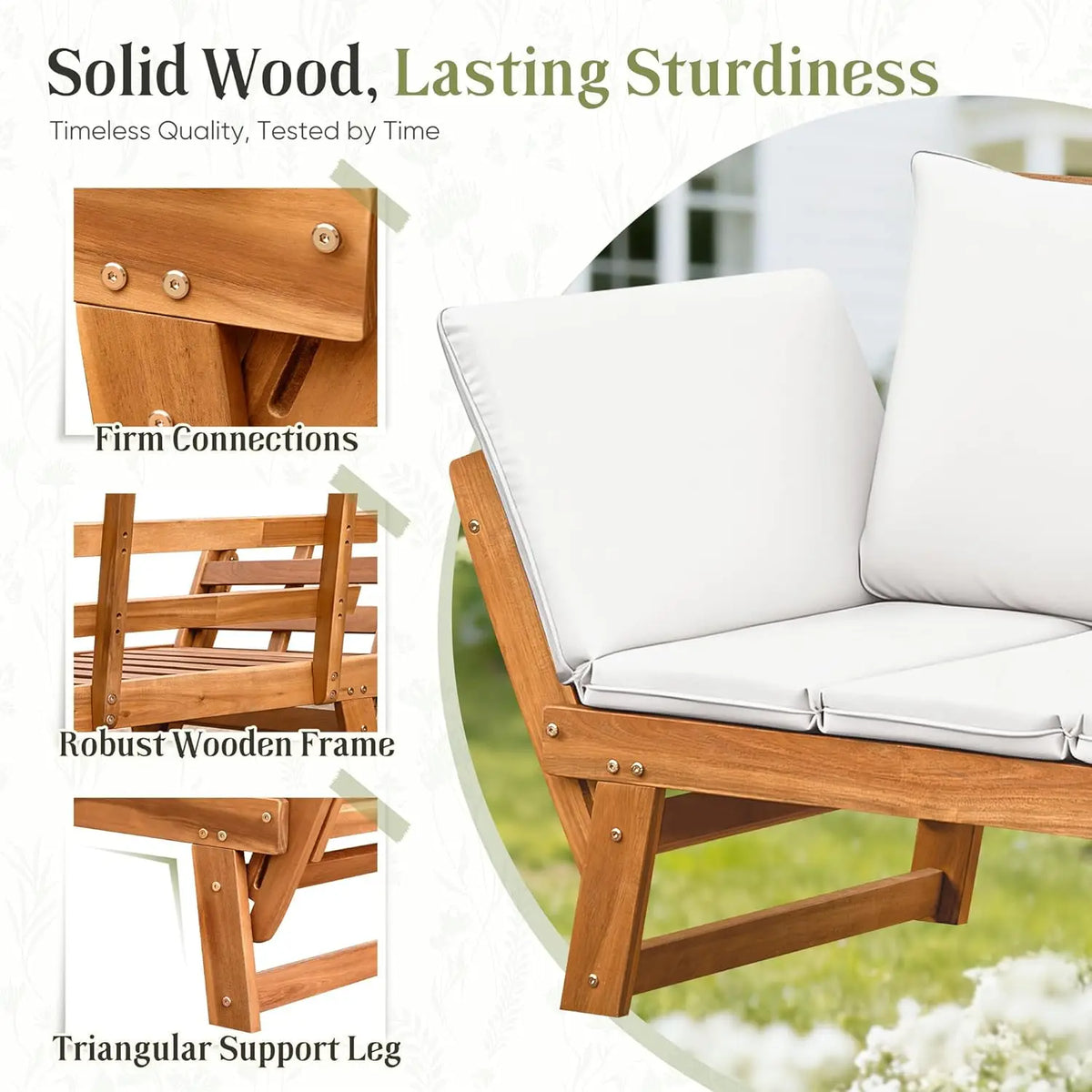 Adjustable Armrest Acacia Wood Outdoor Loveseat Soft Cushion Convertible Balcony Porch Backyard Furniture White Customized