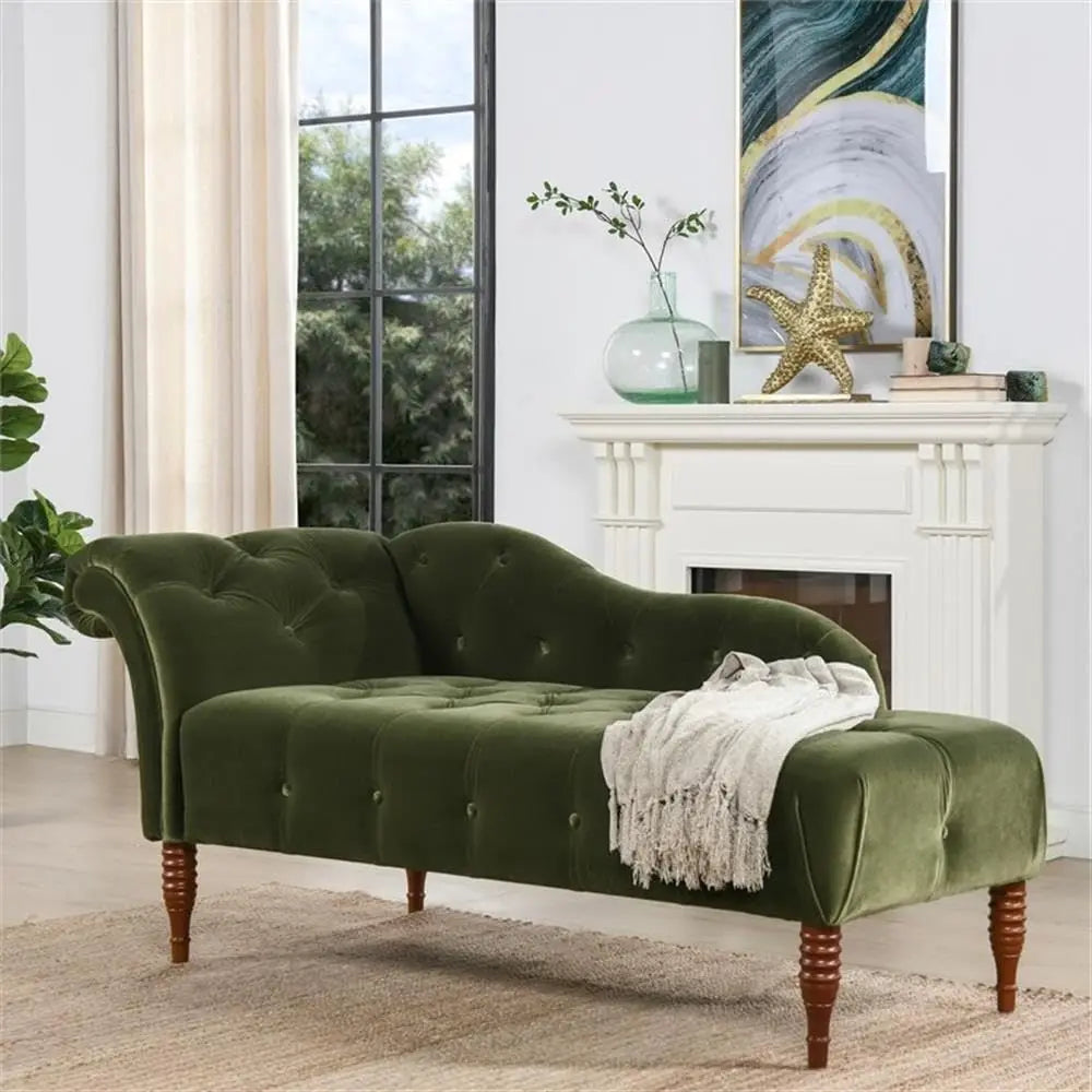 Row Tufted Roll Arm Chaise Lounge, Olive Green Velvet Upholstery, 66 L x 29 W x 30 H, KilnDried Birch Wood Frame, Medium Firm S