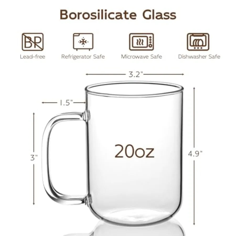 Glass Coffee Mugs, Ice Coffee Cups Set of, Large Clear Tea Cups, Glass Mugs with Handles for Hot Beverages, Glass Cups for Latt