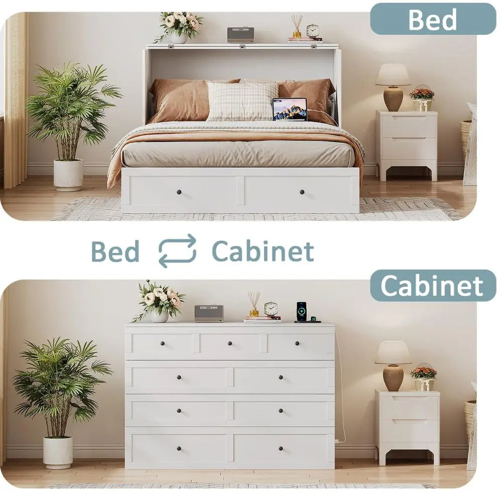 Full Size Murphy Bed with Charging Station amp Drawer, Full Size Mobile Cabinet Bed Frame, Murphy Chest Bed for Bedroom, Guest