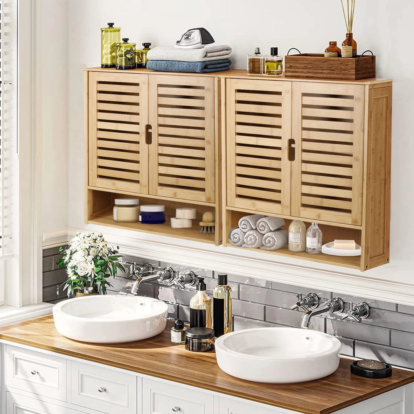 Wisfor Wall Mounted Bamboo Bathroom Cabinet Medicine Storage Shelf