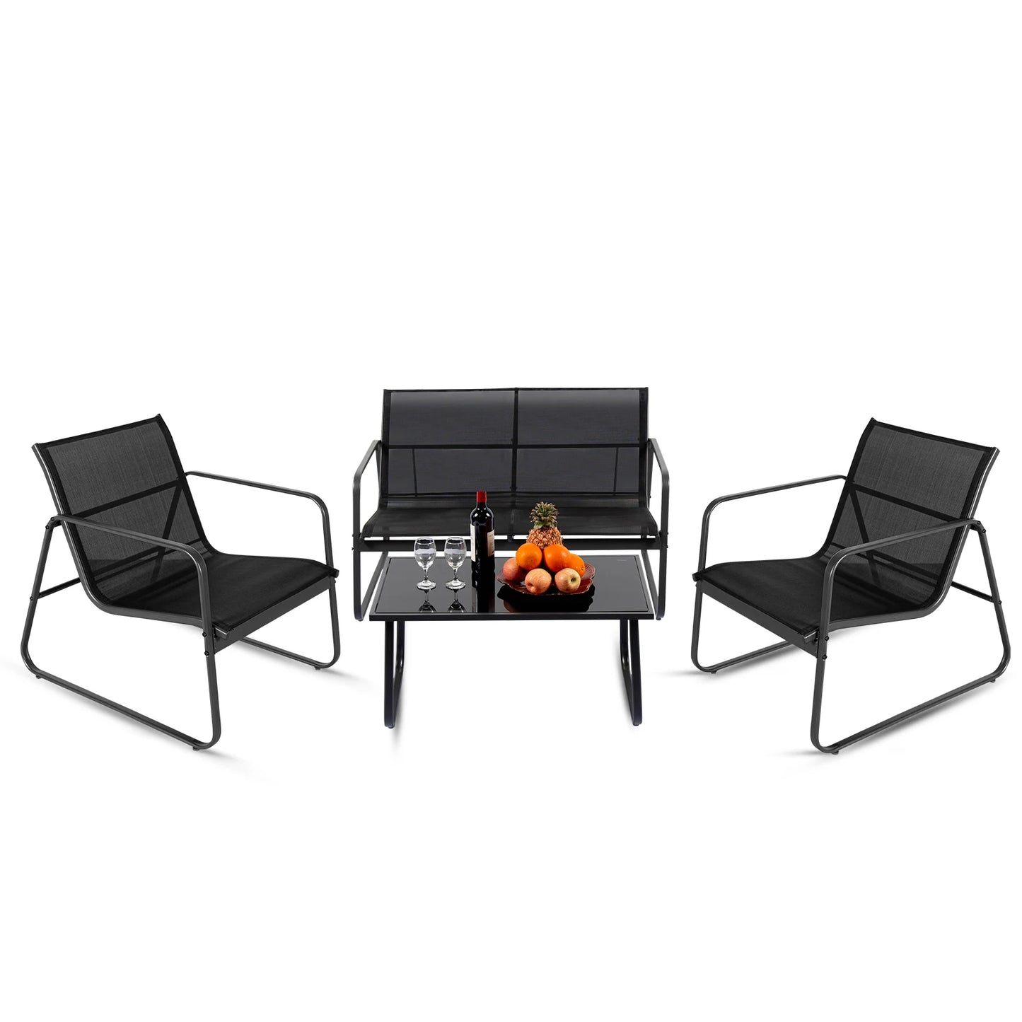 JHK Outdoor 4 Piece Patio Set With Table Metal Frame Lumbar Mesh Backrest