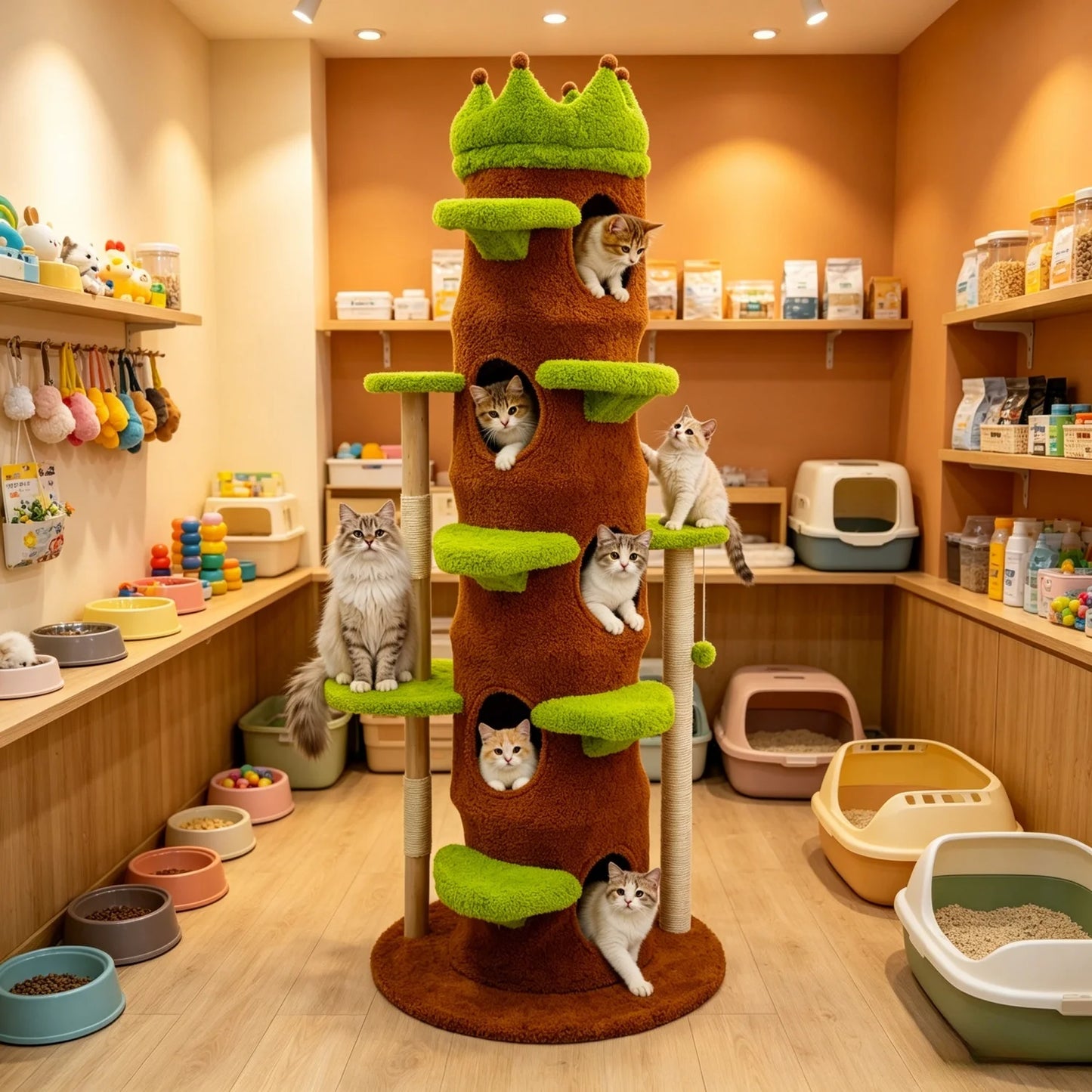 Wooden Cat Tree Tower With Crown Perch Plush Steps Cats