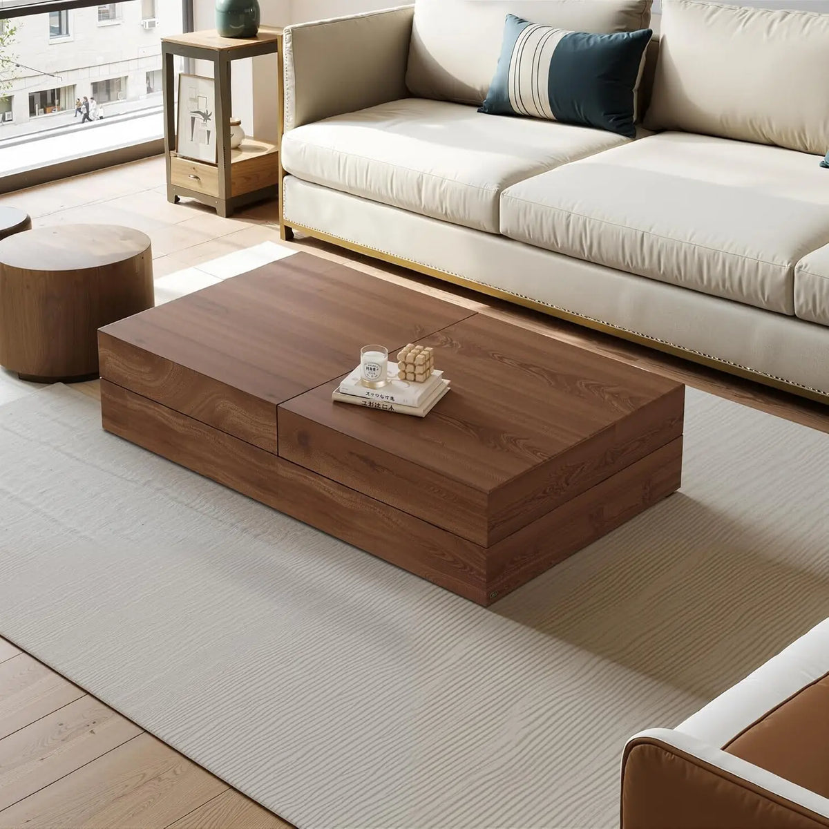 Mid-Century Modern Farmhouse 47.2-81.8" Expandable Coffee Table，Adjustable Center Table with Large Storage for, Customized