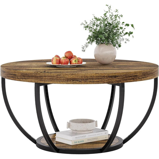 Little Tree Marble Circle Coffee Table With Open Storage And 2-Tier Metal Legs