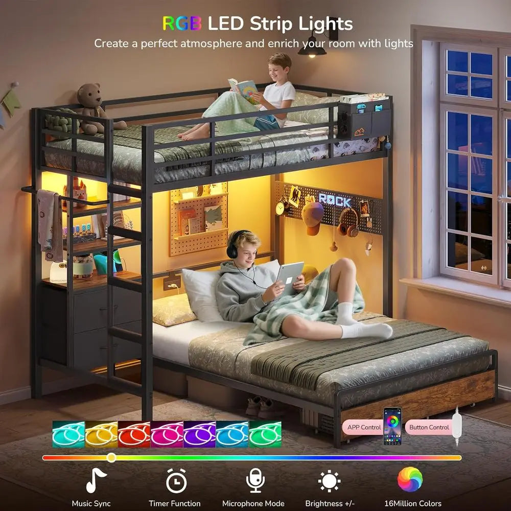Full-Size Twin Bunk Bed with Storage Drawers, Bookshelf, LED Lights, Charging Station, Safety Rail, and Ladder