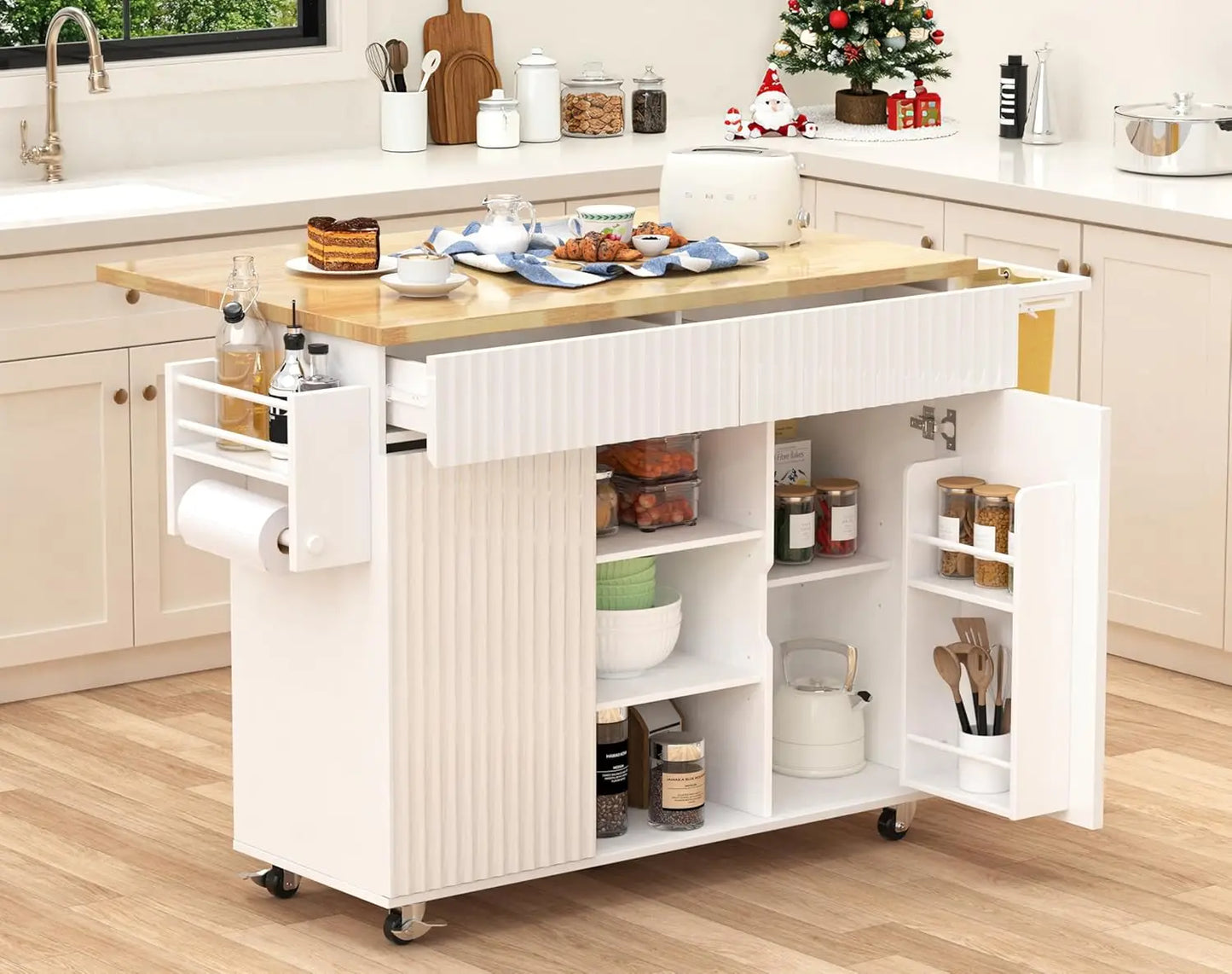 Kitchen Island with Drop Leaf, Rolling Cart with Trash Bag, Cabinet, Drawers & Spice Rack, 43.3"x29.5", Customized