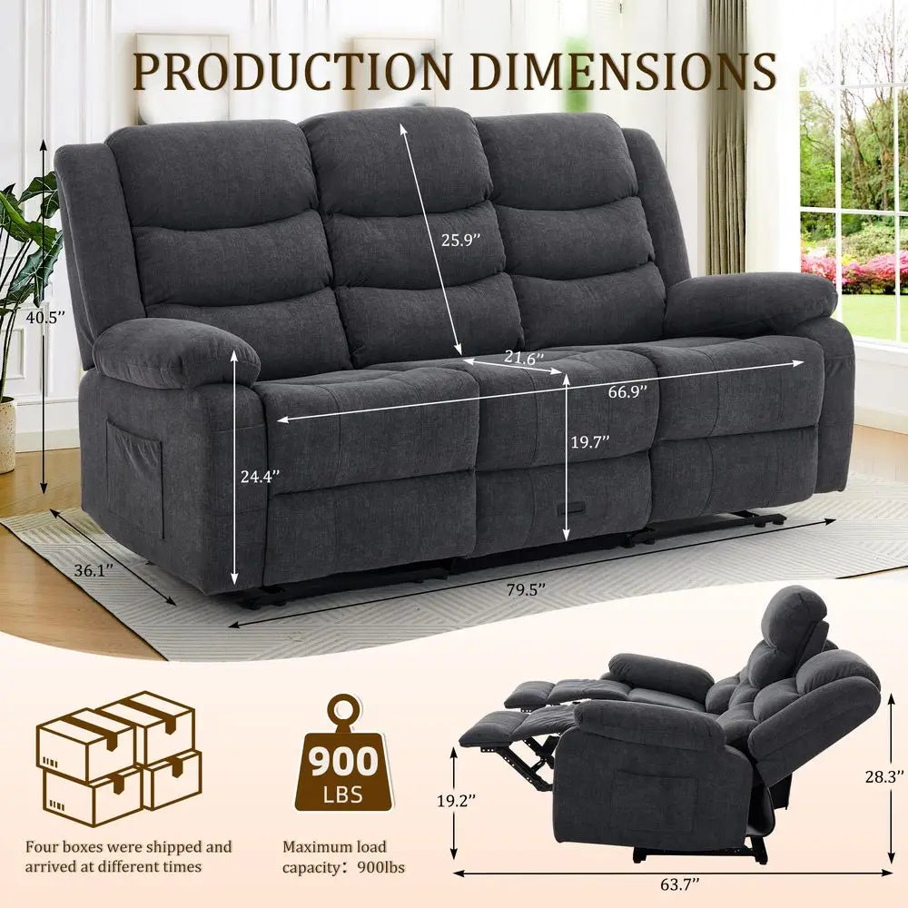 Recliner Sofa, Reclining Loveseat with Console, Oversized Reclining Couch with Drop Down Table, 3Seater Sofa with Cup Holder an