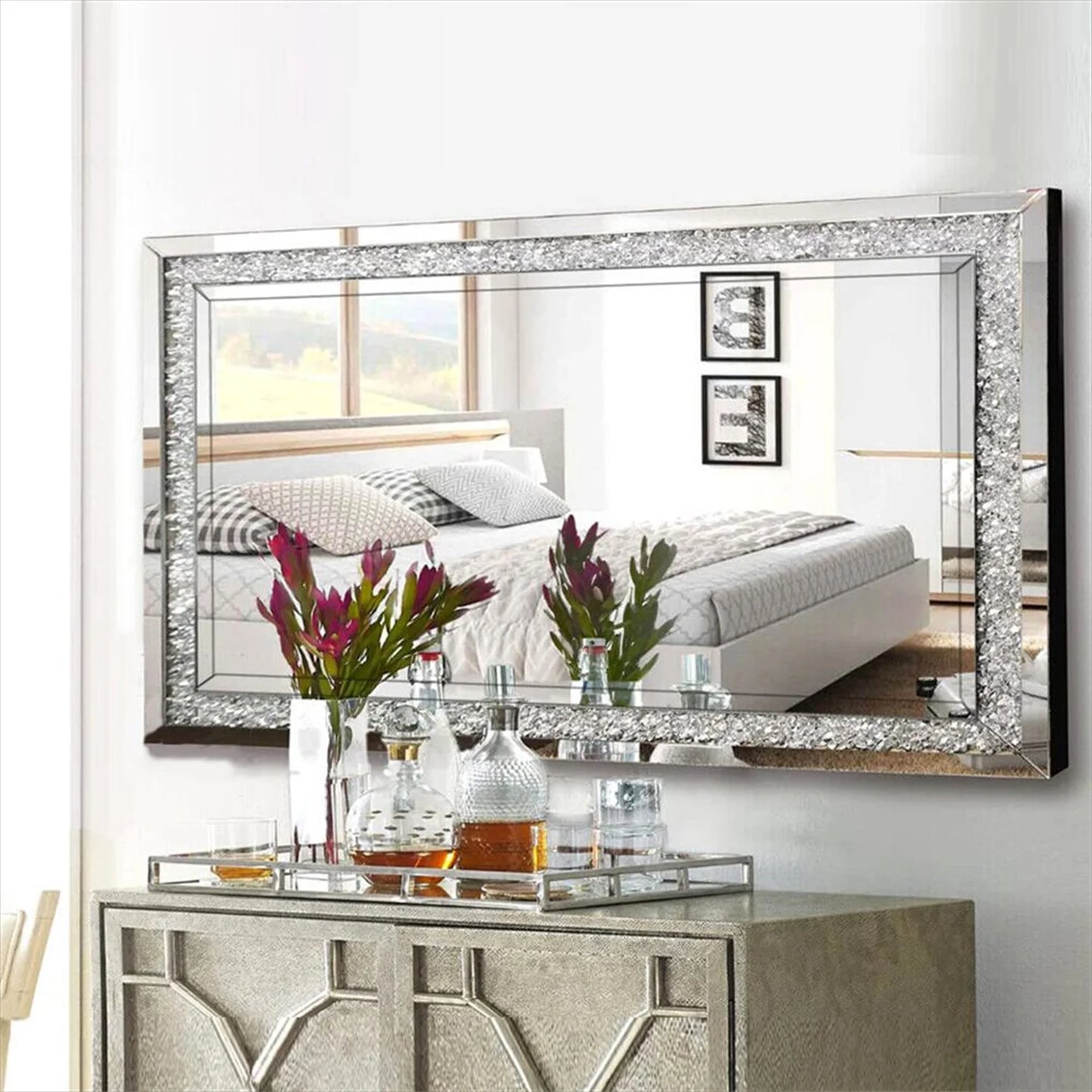 Crystal Crush Diamond Rectangle Silver Wall Mirror For Home Decoration
