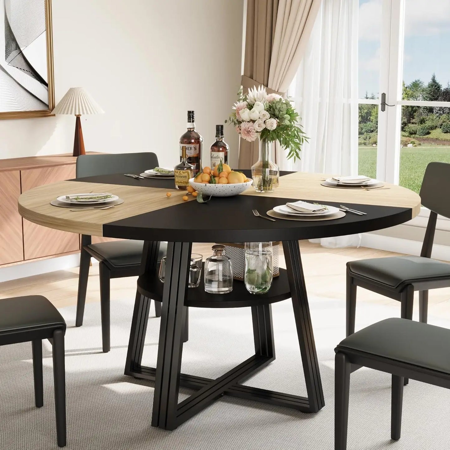 HobbyLane Farmhouse Round Dining Table With Open Storage Shelf