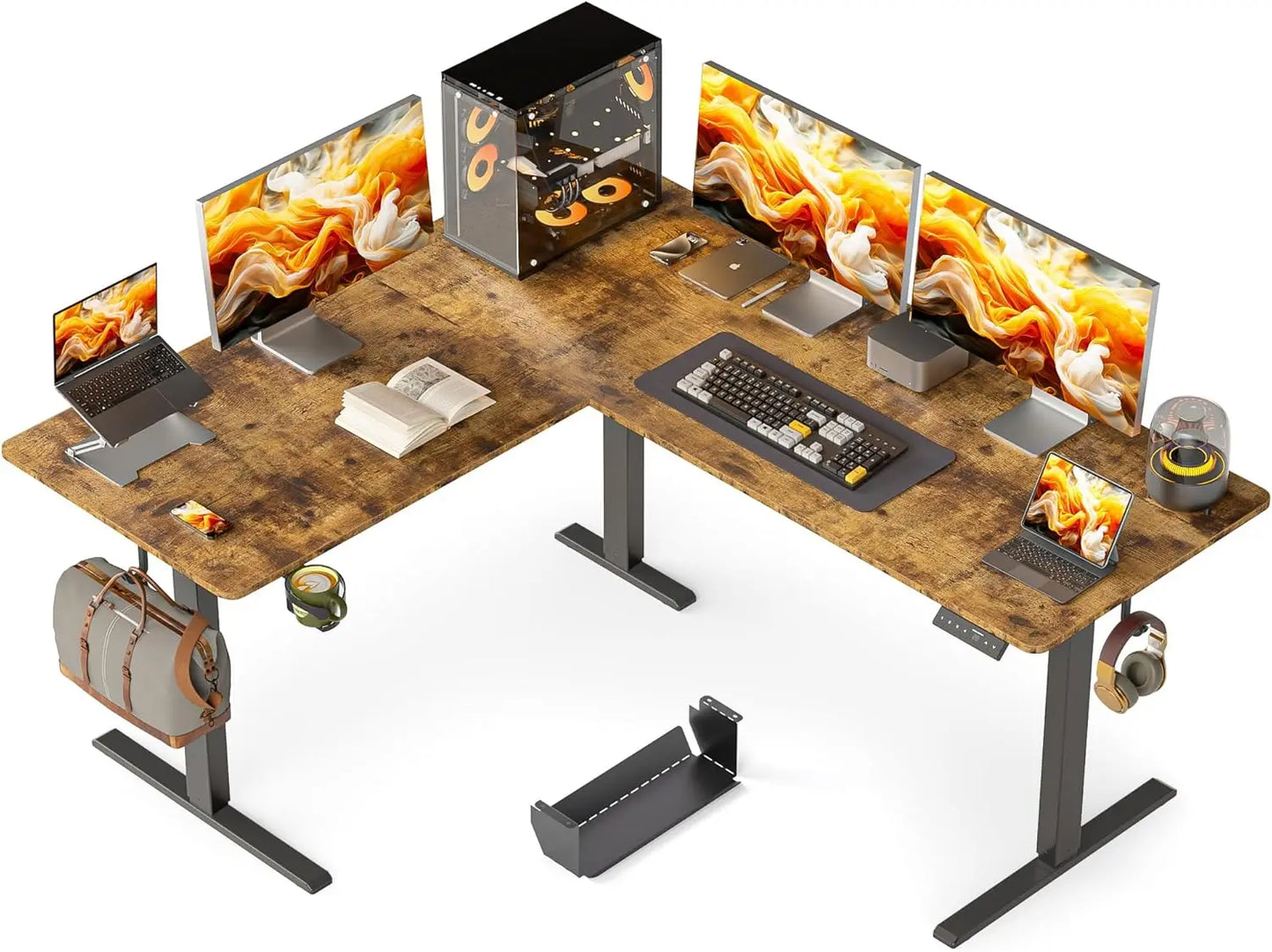 63X55 Inches Reversible L Shaped Standing Desk Height Adjustable with Cup Holder, Electric Corner Computer Desk, Sit Stand up