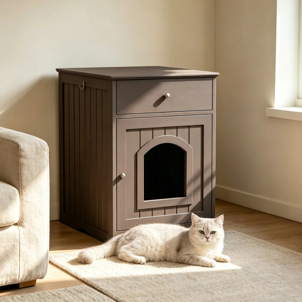 Wooden Pet House Cat Litter Box Enclosure with Drawer, Side Table, Indoor Pet Crate, Cat Home Nightstand (Brown) Pet Products