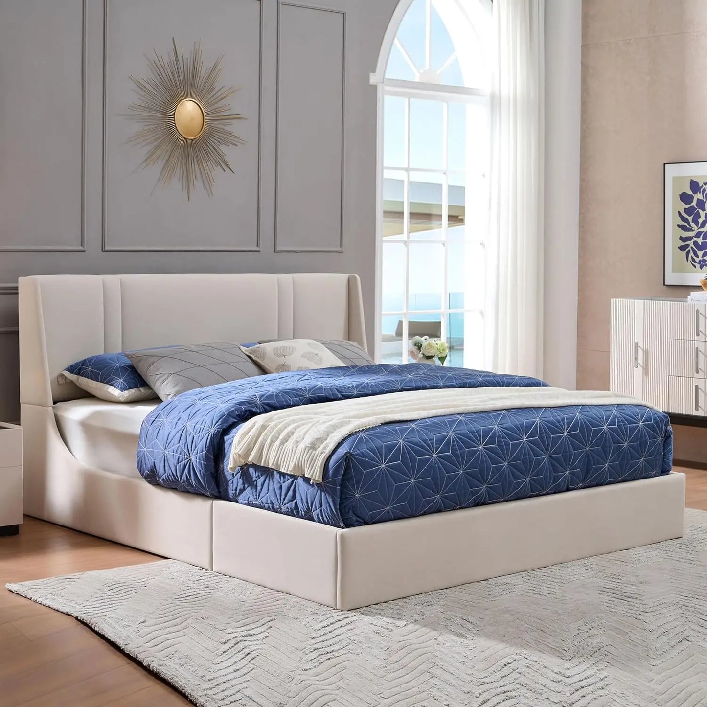 King Size Lift Up Storage Bed Frame, Hydraulic Platform Bed with 41.7" Upholstered Wingback Headboard, No Box, Customized