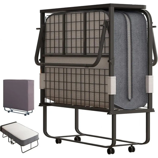Rollaway Bed with Mattress for Adults, 75 x 46 Fold Up Bed with Headborad amp Dustproof Bag, Space Saving Rollaway Beds for Gue