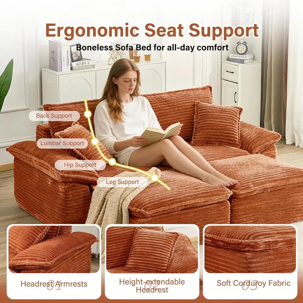 81" Boneless Loveseat with Removable Ottoman,Oversized Upholstered Sofa Bed with Pillows,Plush Faux Fur Lounge, Customized