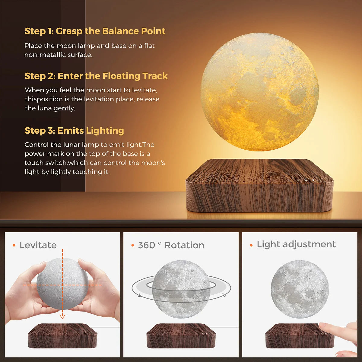 Mexllex Magnetic Floating Moon Lamp With Wooden Base LED Night Light