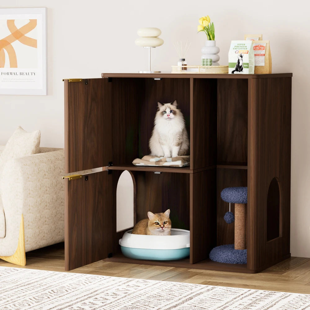 Walnut Cat Litter Cabinet Cat Tree - Grooved Concealed Litter Featuring Dual Cat Doors and Storage Shelves,Versatile Pet Cabinet