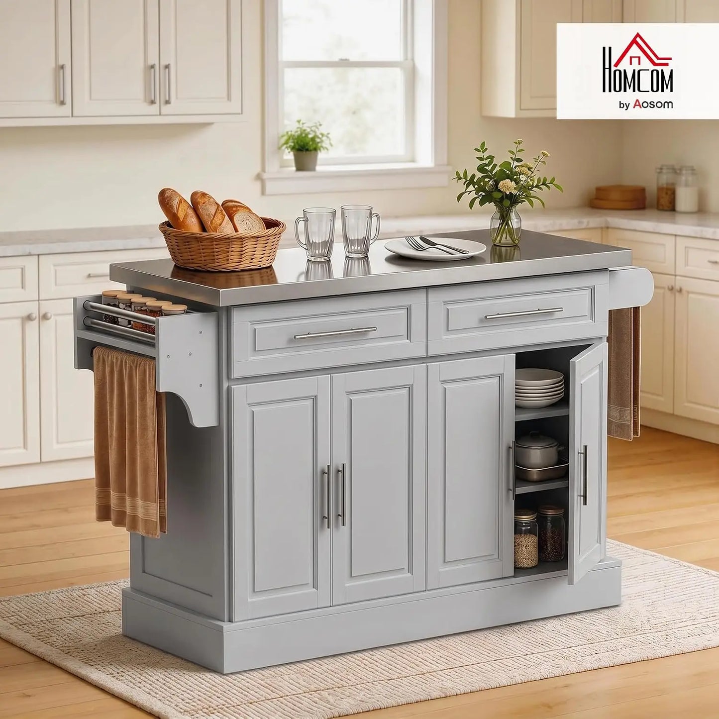 Rolling Kitchen Island Cart 47" Stainless Steel Top, Portable Table with Wheels Adjustable Shelves 2 Drawers Spice Knife Towel R
