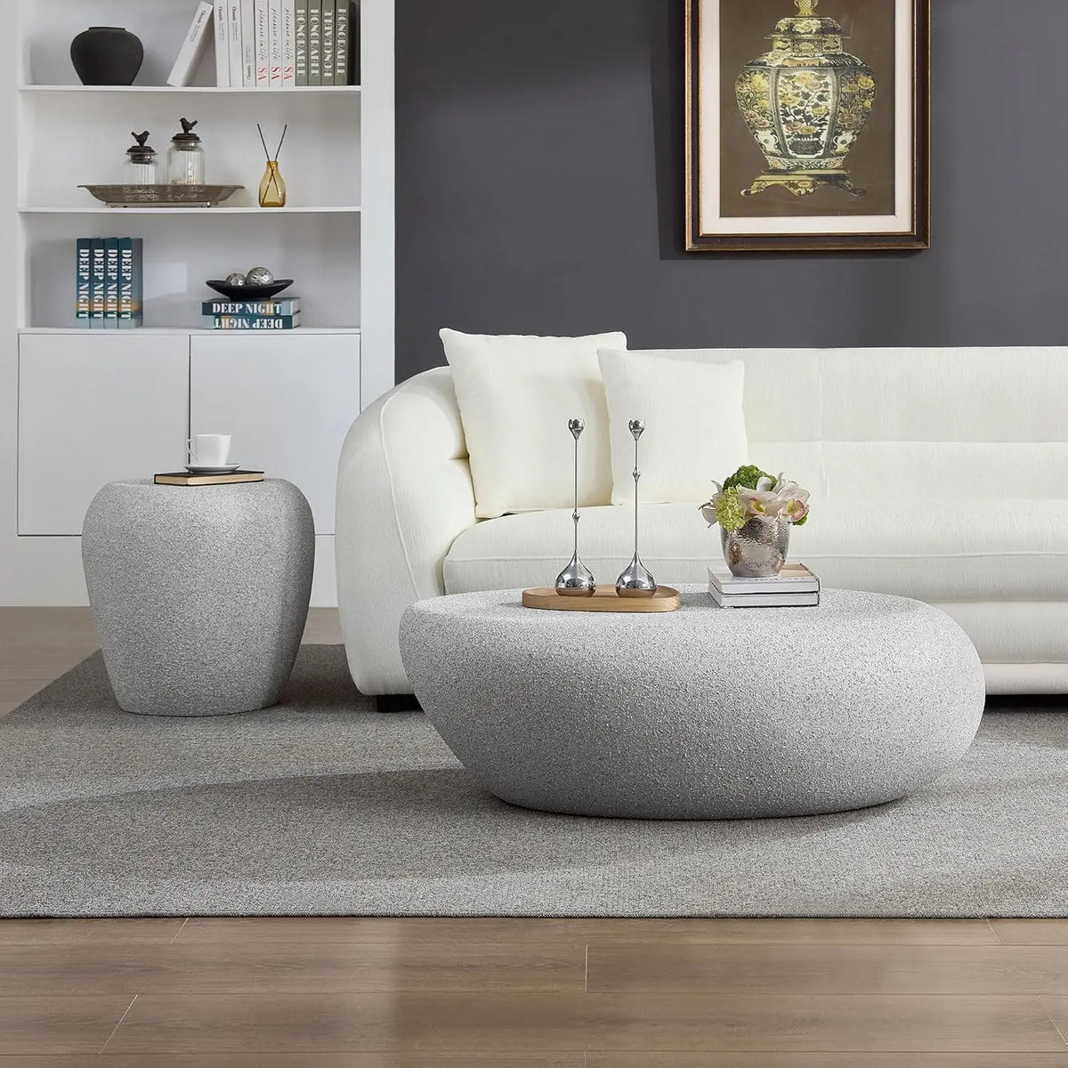 36" Oval Coffee Table, Modern Faux Stone Circle Center Table Accent Travertine Tea Table for Living Room, Magnesium, Customized