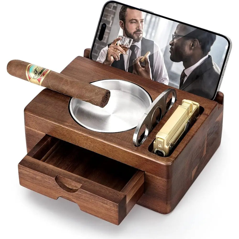 Cigar Ashtray, Wooden Ashtrays with Cigar Cutter, Tablet Holder, Cigar Holder, Accessories Der and Lighter Slot, Home Bar Outdoo