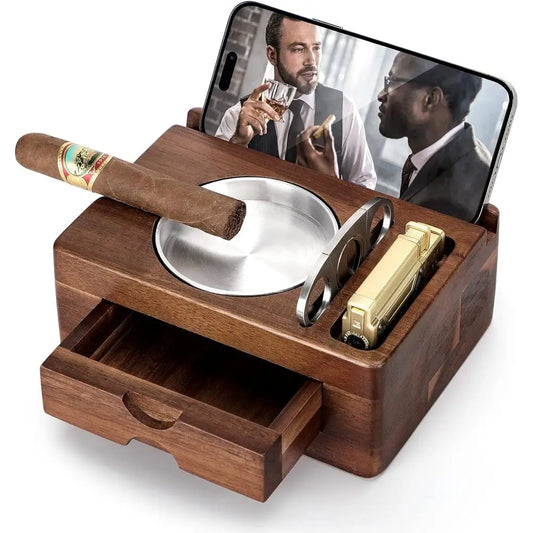Cigar Ashtray, Wooden Ashtrays with Cigar Cutter, Tablet Holder, Cigar Holder, Accessories Der and Lighter Slot, Home Bar Outdoo