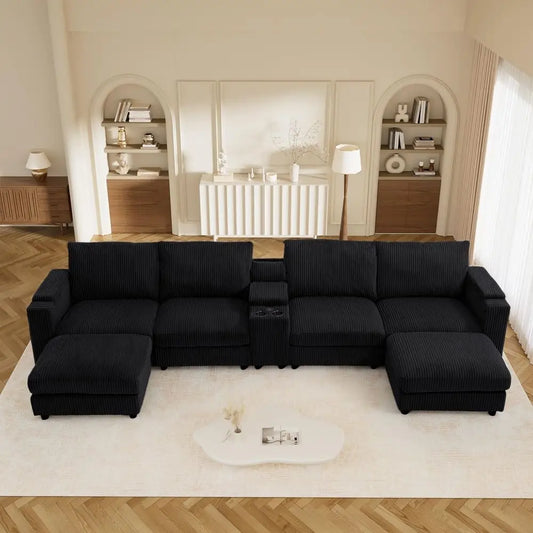 W x 60 D U Shape Sectional Sofa with USB Charging amp Cup Holder amp Storage, 6 Seater Plush Corduroy Couches with Movable Otto