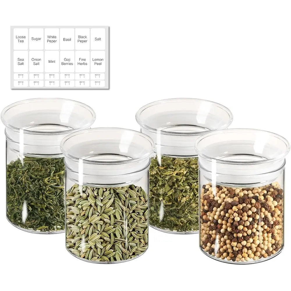 10oz Glass Jars with Airtight Lid, 4 Pack Glass Kitchen Canisters Set for Spice, Loose Tea, Small Clear Glass Storage Jars with