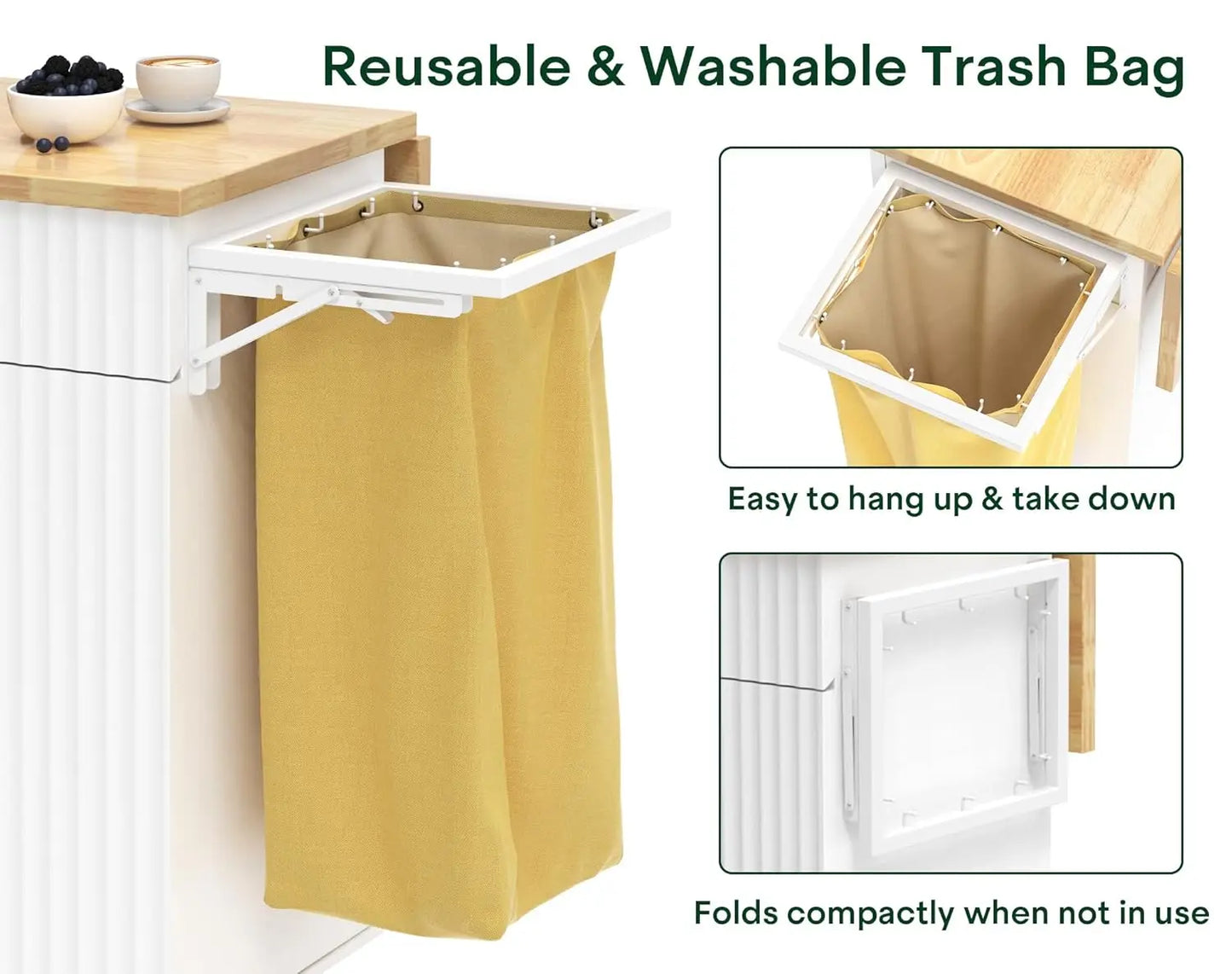 Kitchen Island with Drop Leaf, Rolling Cart with Trash Bag, Cabinet, Drawers & Spice Rack, 43.3"x29.5", Customized