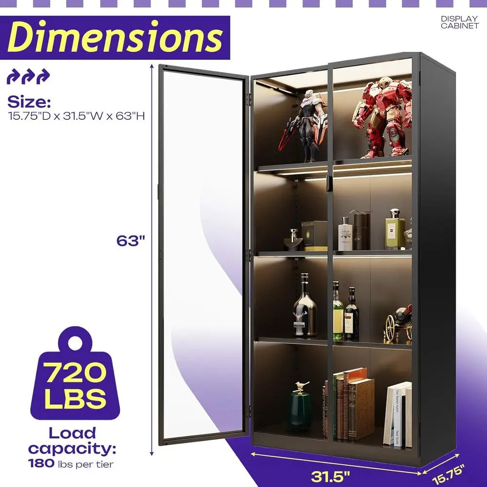 4-Tier Glass Display Cabinet with 3 Color Lights, Adjustable Shelves for Collectibles, Toys, Books, and Figurines - 63 Black