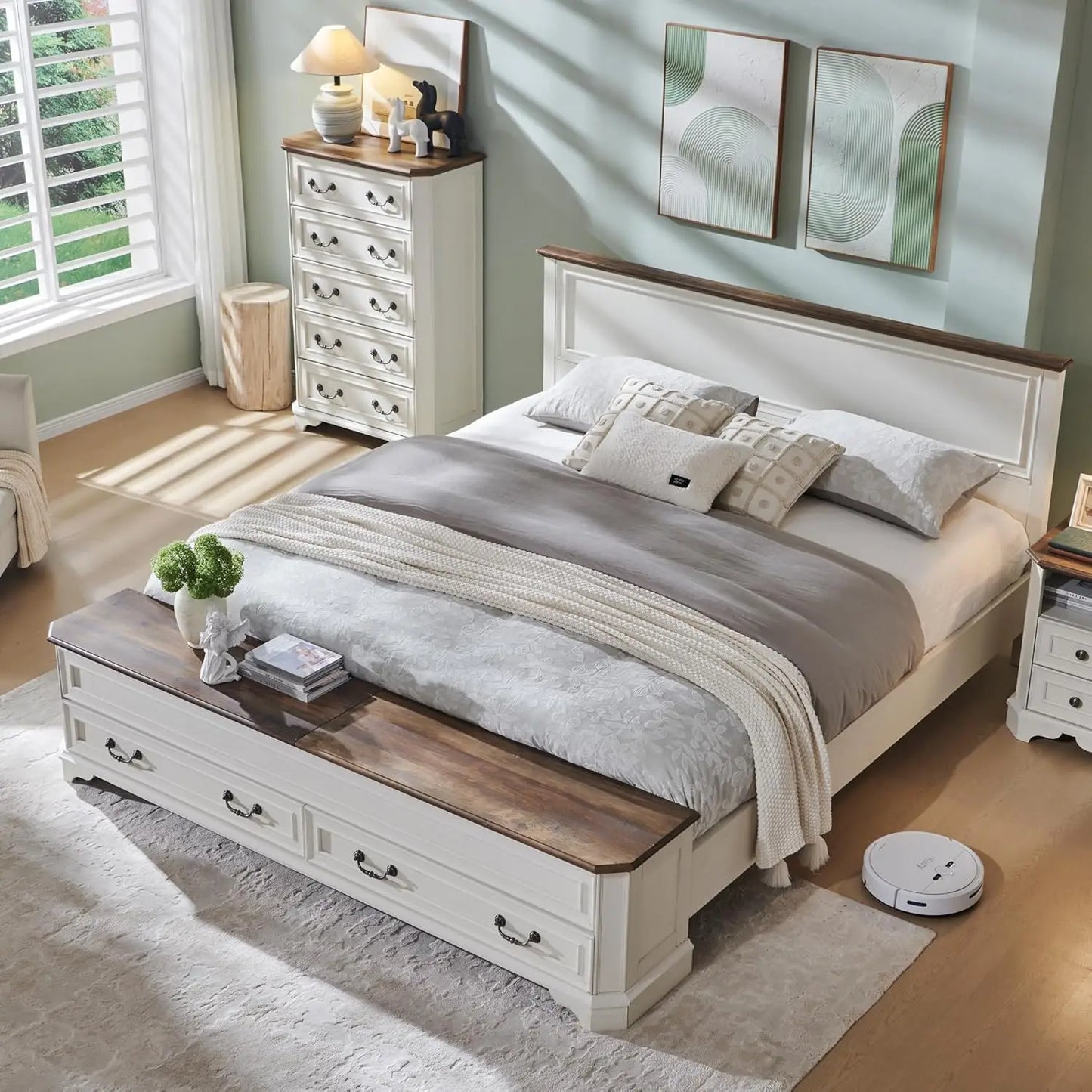 Farmhouse King Bed with Headboard and Storage Bench, Rustic Wood Platform Bed with 80" Storage Chest w/ 4 Large, Customized