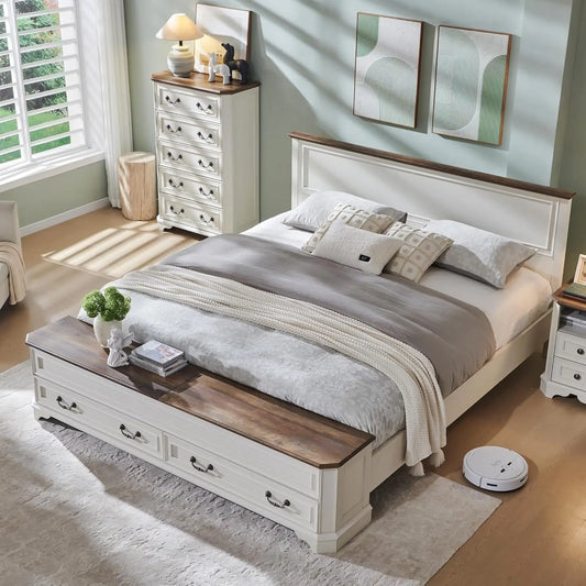 Farmhouse King Bed with Headboard and Storage Bench, Rustic Wood Platform Bed with 80" Storage Chest w/ 4 Large, Customized